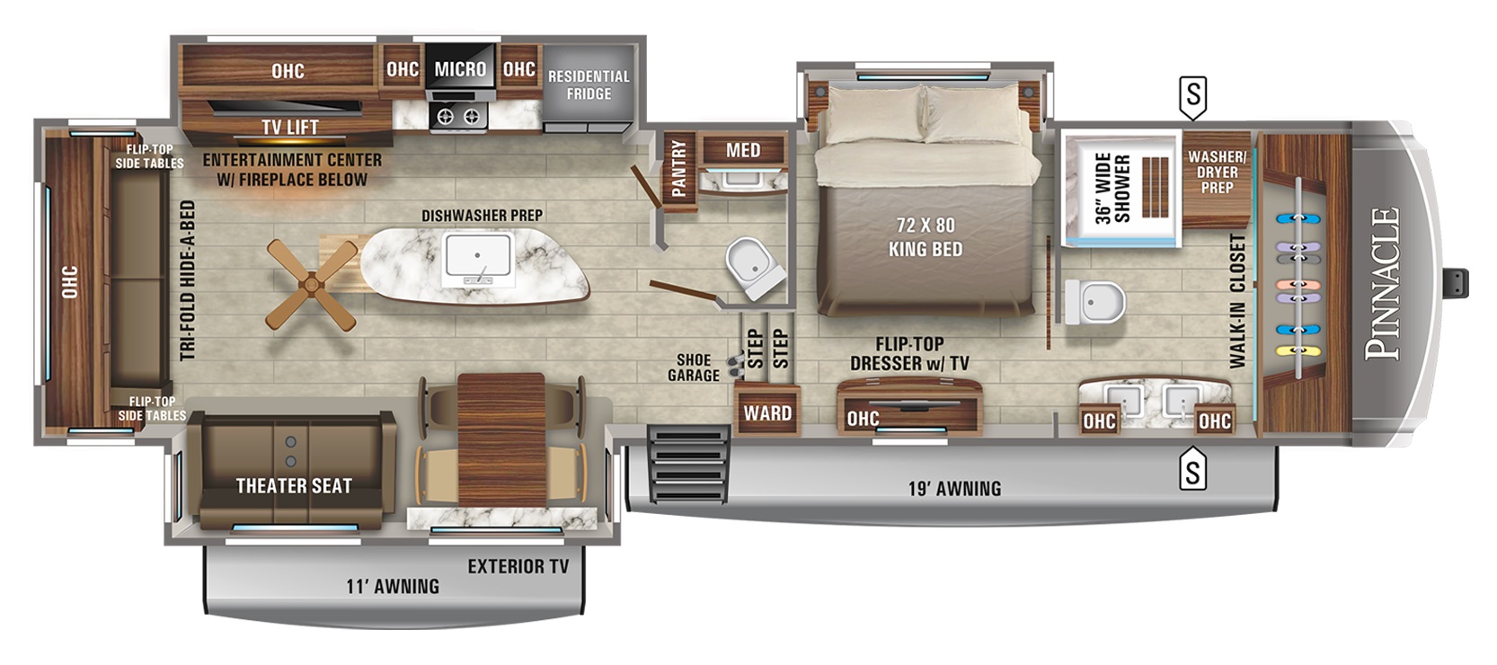 Top Floorplan Features
Dual lavs in front bathroom
Residential stove with 3.4 cu. ft. oven and high output burners
Spacious kitchen with half bath on main level
Rear tri-fold sofa and power theater seat
Cedar lined rear walk-in style closet