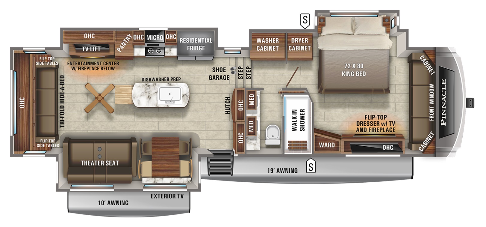Top Floorplan Features
Jayco's first "slide-in-a-slide" floorplan
Master suite with a front windshield and large "lounge" sitting area
Optional full size front wardrobe in place of front "lounge" and windshield
Spacious kitchen with full pantry and hutch
Residential stove with 3.4 cu. ft. oven and high output burners
