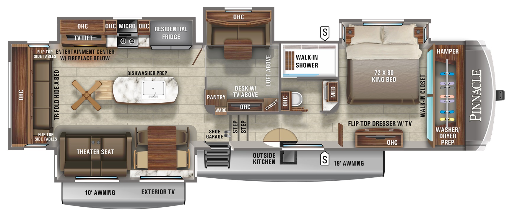 Top Floorplan Features
Popular mid-den/ office/ guest room with overhead loft
Outside kitchen with refrigerator and Blackstone griddle
Popular rear sofa with theater seating across from TV
Residential-style pantry
Residential stove with 3.4 cu. ft. oven and high output burners