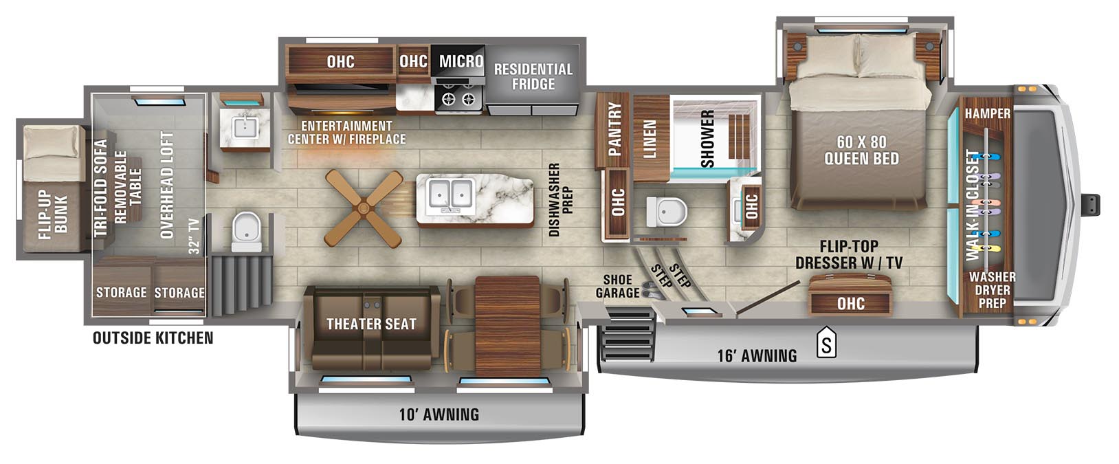 Top Floorplan Features
"Hybrid Unit" Couples coach with a bath and a half
Under 40' long
Loft for extra sleeping and storage and NEW stair/ladder design concept
Second bedroom with tri-fold sofa, upper bunk, TV and plenty of storage
Current 310RLTS floorplan with half bath, loft, second bedroom and outside kitchen
Outside kitchen with refrigerator and 22" Blackstone griddle