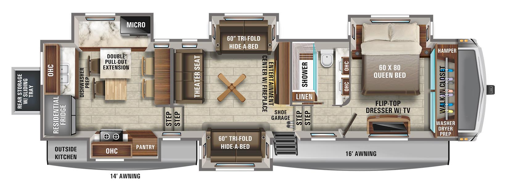 Top Floorplan Features
Elevated rear kitchen 
Oversized rear pass through storage with rear sliding tray
Outside grilling station with refrigerator
New double slideout countertop/ seating area in kitchen (industry first)
Walk-in shower with double vanity