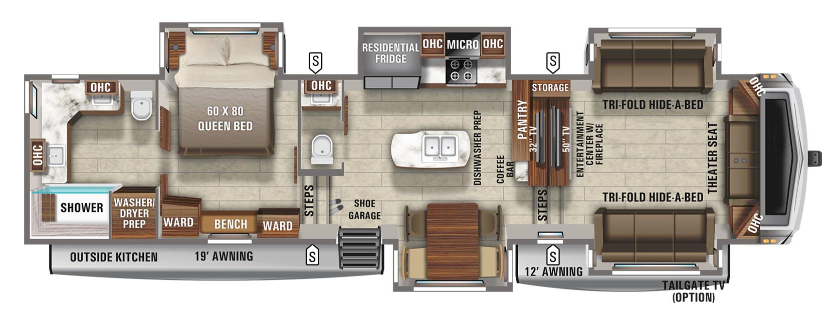 Top Floorplan Features
Industry's first front living room and bath and a half with access to freezer, bathroom and bedroom with slides in
Reconfigured front living room arrangement with 50" TV (living room) and 32" TV in the kitchen
Oversized double door pantry in kitchen and mid-coach half bath
36" deep master suite bedroom slide for extra space at the foot of the bed