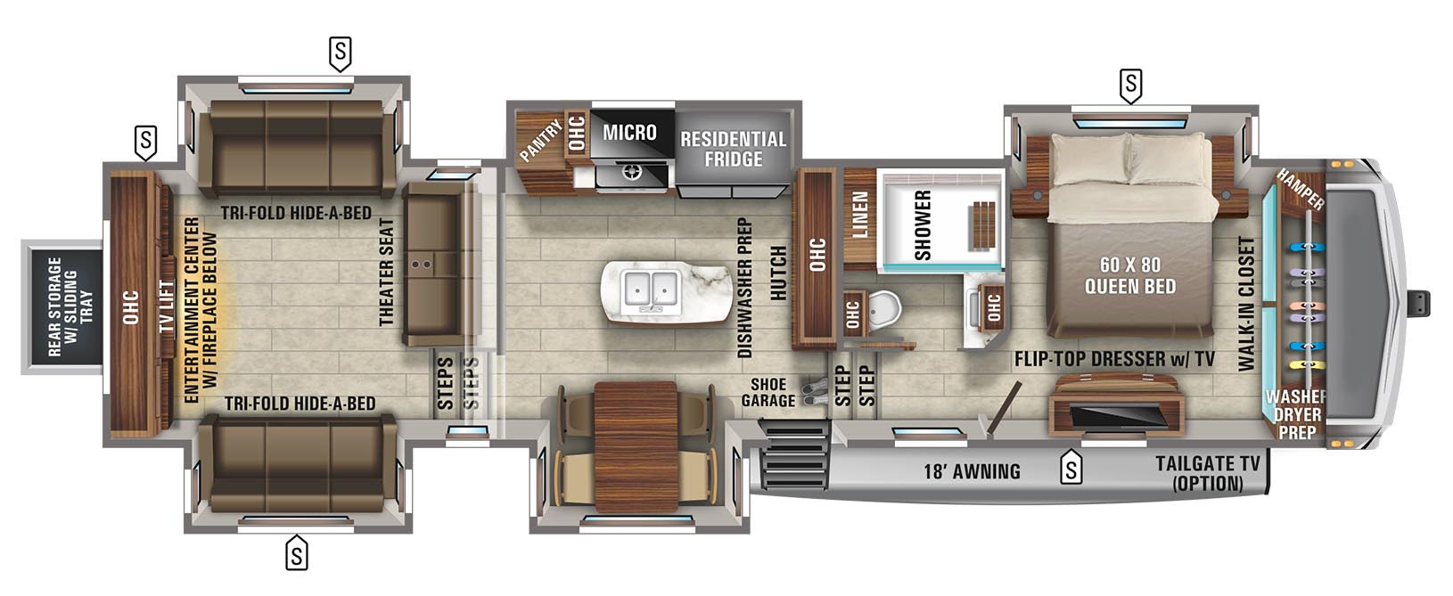 Top Floorplan Features
Raised rear living room for increased outside storage
Large living room with opposing slides and hide-a-bed sofas
Power heat and massage theater seats
Outside refrigerator
Full-size pantry in kitchen slide
HUGE rear basement storage due to the elevated rear bedroom/bathroom