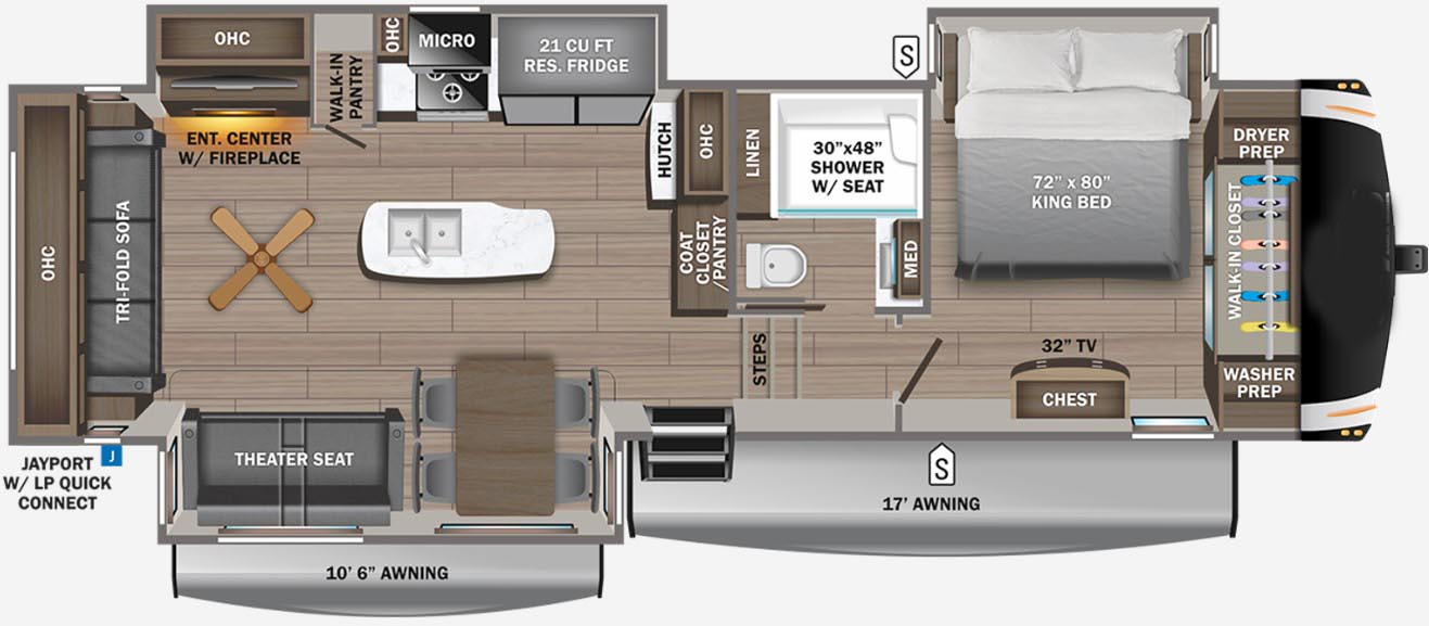 <p>Top Floorplan Features: Popular triple-slide rear sofa and center island floorplan. Standard LED fireplace, Drinking Water Station, 50" HDTV with JBL sound system and theater seating. Standard Dual Whisper Quiet Air Conditioners. Optional King-sized Serta® mattress and washer/dryer prep in bedroom. Standard 21 cu.ft. residential refrigerator with 1200W invertor or optional 13.5 cu.ft. gas/electric refrigerator. Electric auto-leveling, second awning, and JAYCOMMAND "Smart RV" system, standard.<br></p>