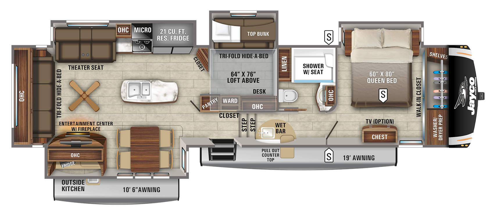 <p>Top Floorplan Features: Industry-exclusive mid-den/rear living room with standard outside kitchen. Standard LED fireplace, Drinking Water Station, 50" HDTV with JBL sound system and theater seating. Standard Dual Whisper Quiet Air Conditioners. Optional King-sized Serta® mattress and washer/dryer prep in bedroom. Standard 21 cu.ft. residential refrigerator with 1200W invertor or optional 13.5 cu.ft. gas/electric refrigerator. Electric auto-leveling, second awning, and JAYCOMMAND "Smart RV" sytem, standard.<br></p>