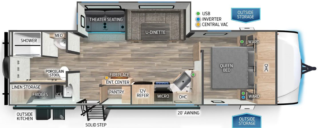 Perfect for the two of you that want to get out and tour or spend the summer at your favorite camp site! Some interior appointments include, abundant interior storage capacity, oversized rear bath with additional linen cabinet, oversized u-dinette seating surface, dual pots and pans drawers, farm-style sink and dual barn-style doors. Some exterior refinements include an oversized 20’ exterior awning and a full outside kitchen with fridge/freezer, working sink and cabinet storage!