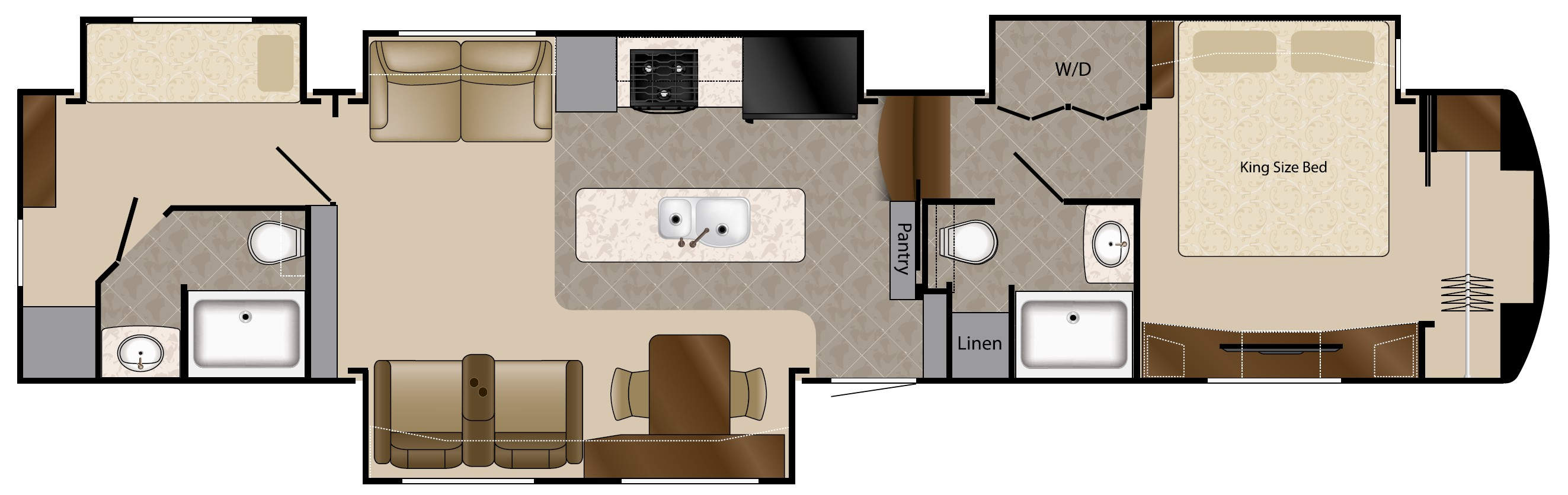 <p>The 43 Manhattan showcases a gourmet kitchen with upgraded amenities that include a stainless steel residential refrigerator with matching convection oven, microwave oven, and residential style gas oven. The Manhattan boasts two large pantry cabinets, and a hidden spice rack, keeping function and space at the fore front without compromising beauty.</p><p>The 43 Manhattan shows off its space with the addition of a large bunkroom and full second bath, thoughtfully placed, providing extra privacy. This floor plan also features a grand staircase that leads to the master bedroom, bathroom, linen cabinet, and large washer/dryer closet. The dedicated laundry area allows for multipurpose storage and workspace should a washer and dryer not be needed.</p>