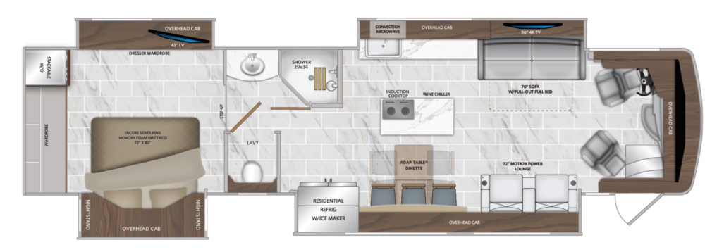 The American Coach Dream is truly a dream come true. With luxury appointments such as a residential refrigerator with ice maker, quartz countertops, wine cooler, heated porcelain tile and an on-demand hot water heater you will experience all the comforts of home.
