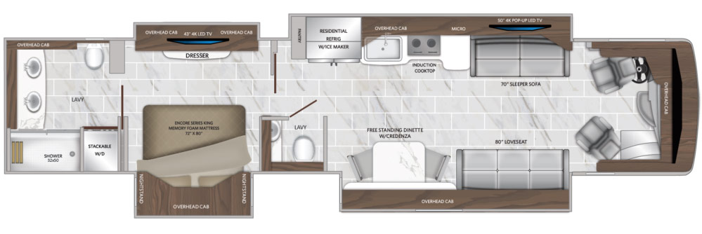 The American Coach Dream is truly a dream come true. With luxury appointments such as a residential refrigerator with ice maker, quartz countertops, wine cooler, heated porcelain tile and an on-demand hot water heater you will experience all the comforts of home.