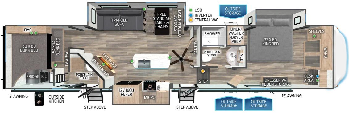 Super sized, 2nd master with overhead loft! Interior highlights include plush theatre seats with heat-light-massage, oversized kitchen island, farm-style sink, two kitchen pantries, 6’4” tall slide rooms, electric fireplace, half bath, washer/dryer prep and a king bed. Some exterior refinements include, 2nd entry,15,000 BTU A/C, Cherokee “Step Above” entry step(s), double basement storage, one-touch auto level, and a full outside kitchen with fridge/freezer, working sink and cabinet storage!