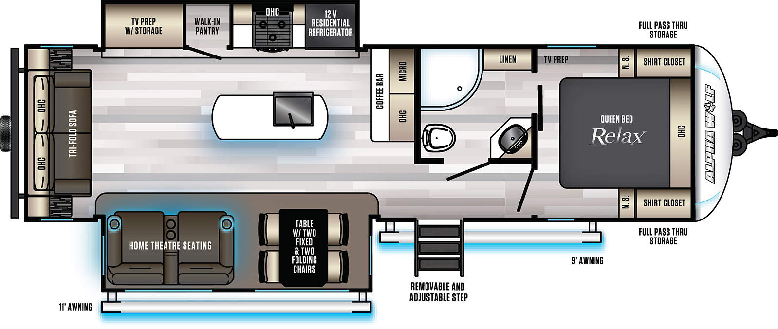 <p><span style="color: rgb(62, 59, 59); font-family: &quot;Droid Sans&quot;, &quot;Open Sans&quot;, Arial, sans-serif;">Our most popular and spacious couples coach! Interior highlights include dual opposing slides, a rear deluxe tri-fold hide-a-bed sofa, plush theatre seats with heat-light-massage, stylish free-standing table with four seats, panoramic rear window for a view of the lake, large kitchen island with farm style sink, radius shower with opaque glass doors, bath linen and dual bedroom access. Enjoy the outdoors, good times and great friends under your oversized 20’ exterior awning.</span><br></p>