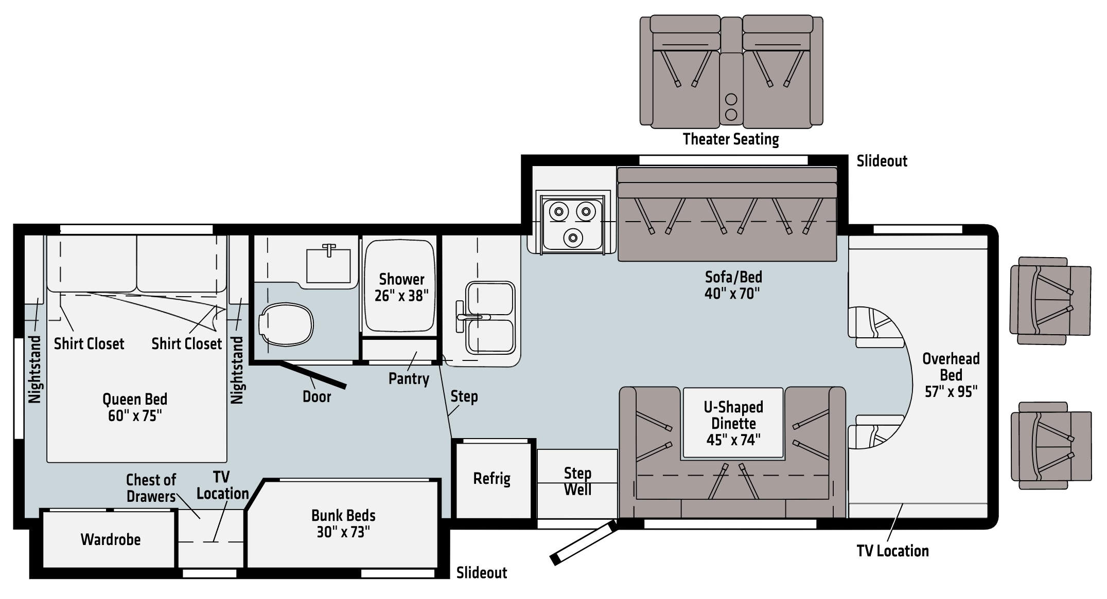 <p>Sofa Bed not present if model has Theater Seating.<br></p>