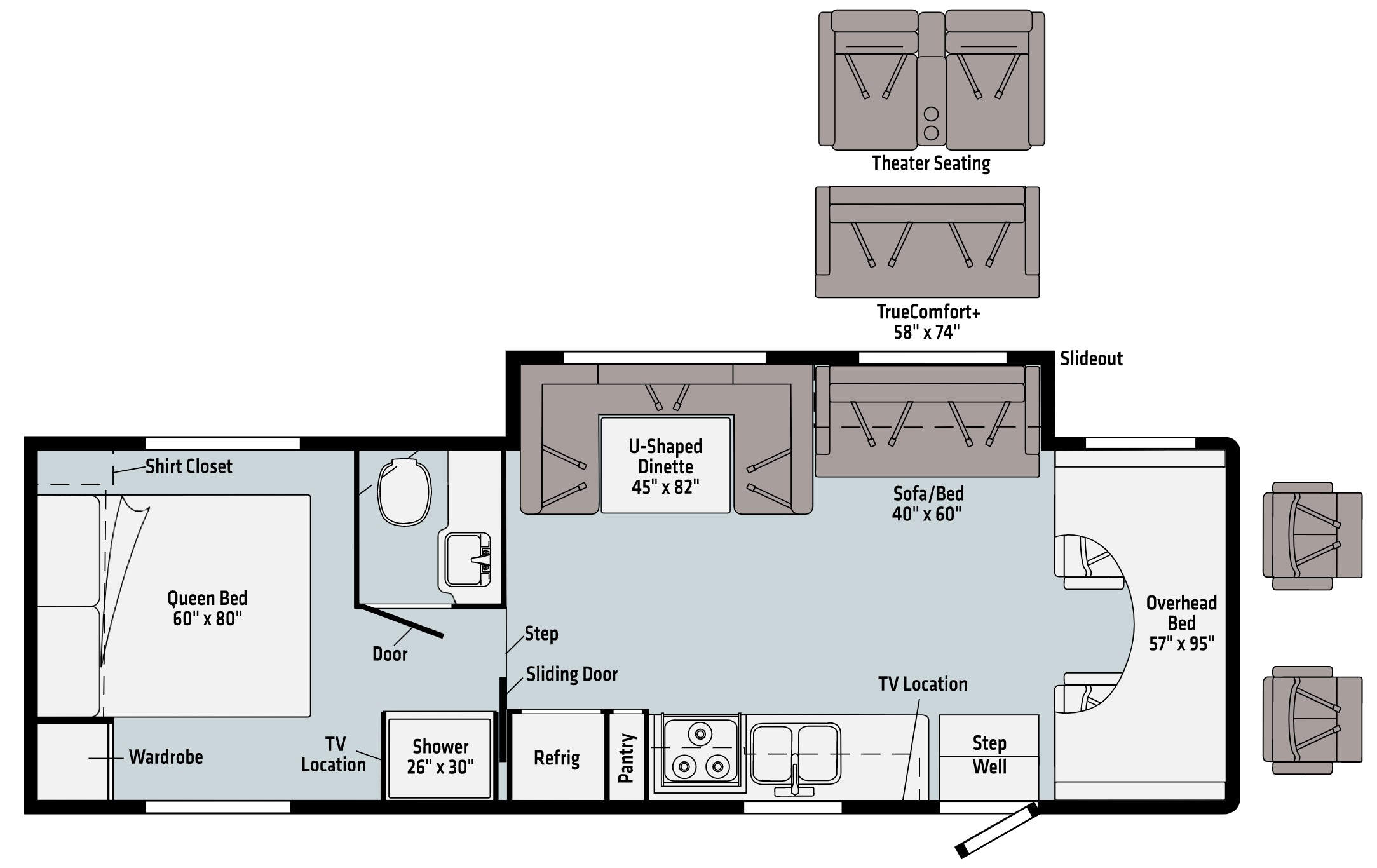 <p>Sofa Bed not present if model has Theater Seating.<br></p>