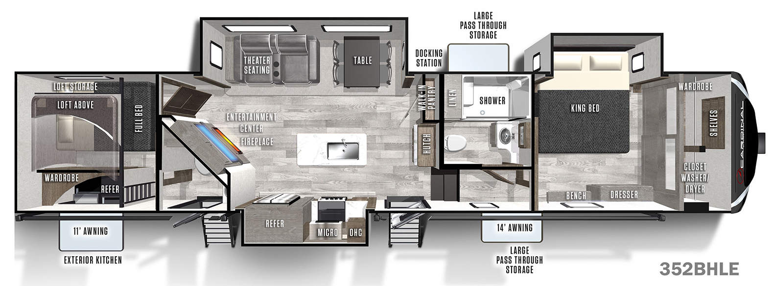 Say goodbye to the ordinary in the 352BHLE! This luxury fifth wheel features a large master bedroom in front, plus an extra rear bunkhouse bedroom with a loft, a half bath, and its own separate entrance. The large island kitchen includes residential appliances and standing dinette table with chairs, designer lighting, and custom window treatments.