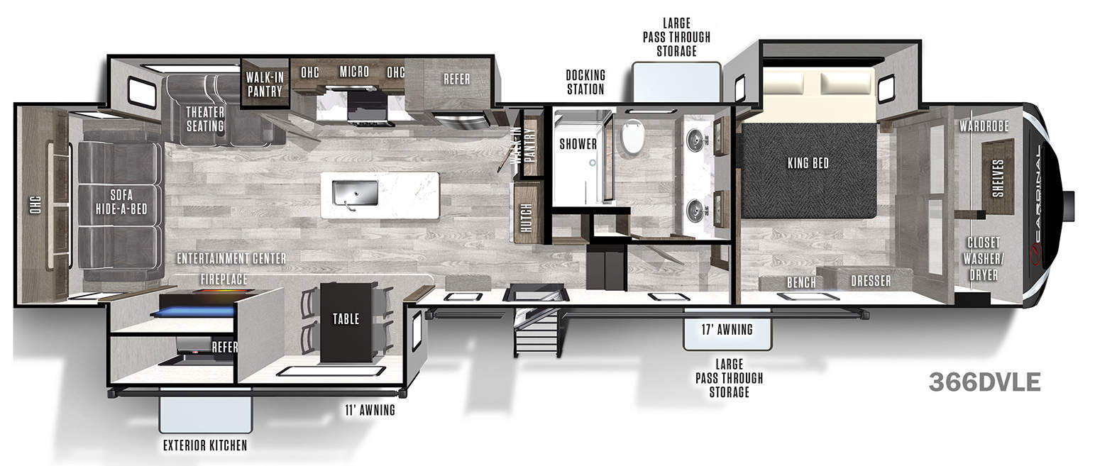 <div class="pb-2" style=""><div id="ContentPlaceHolder1_panDescription" style="">Take to the road in comfort and style with the 366DVLE! This beautiful fifth wheel features an oversized bathroom with dual sinks and a walk-in shower with built-in seat. The island kitchen is perfect for entertaining, with plenty of counter space, residential appliances, and walk-in pantry. The living area includes both sofa and theatre seating, and the flip-up TV provides a custom focal point for movie night. You'll also love the exterior kitchen, a pull-out griddle and electric refrigerator.</div><div style="color: rgb(62, 59, 59); font-family: &quot;Droid Sans&quot;, &quot;Open Sans&quot;, Arial, sans-serif;"><br></div></div><div class="position-absolute" style="color: rgb(62, 59, 59); font-family: &quot;Droid Sans&quot;, &quot;Open Sans&quot;, Arial, sans-serif; top: 0.75em; right: 0.75em; cursor: pointer;"><div role="checkbox" aria-checked="false" tabindex="0" data-action="Add" data-modelid="5297" class="wishlist-button" title="Wish List"></div></div>