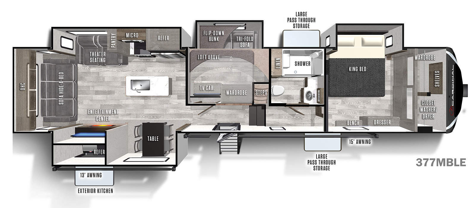 <p>When you travel in the 377MBLE, you take the best of home along wherever you go! The oversized central bunk room with loft provides plenty of space for friends and family, while the master bedroom offers a king bed with loads of closet space. In fact, storage is plentiful throughout the unit, with a large pantry, several overhead cabinets, and two dressers. You're also sure to enjoy your island kitchen with residential appliances, the large living area with entertainment center and fireplace.<br></p>