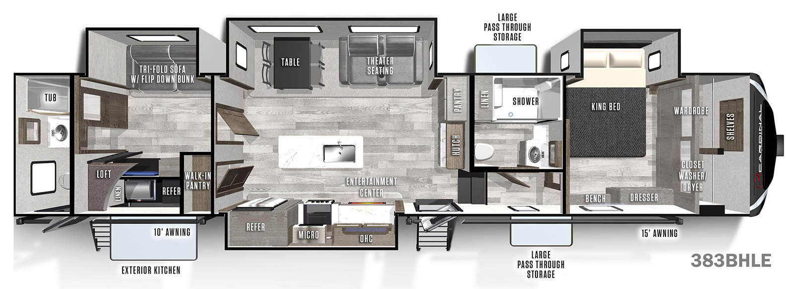 <p>Can you say TWO FULL BATHROOMS? The 383BHLE offers a truly spectacular floorplan, with a huge rear bunkroom that features a tri-fold sofa with flip-down bunk, loft bed, large full bathroom, and separate entrance! The living area combines a residential island kitchen with theater seating and entertainment, while the front master bedroom and second full bathroom offer the very best in comfort and style.<br></p>