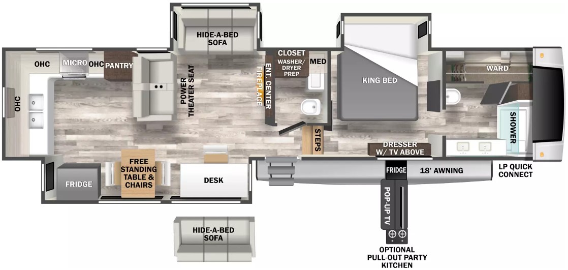 <p>Model can sleep 6, unless the optional desk is in place of one of the love seat hide-a-beds.</p>