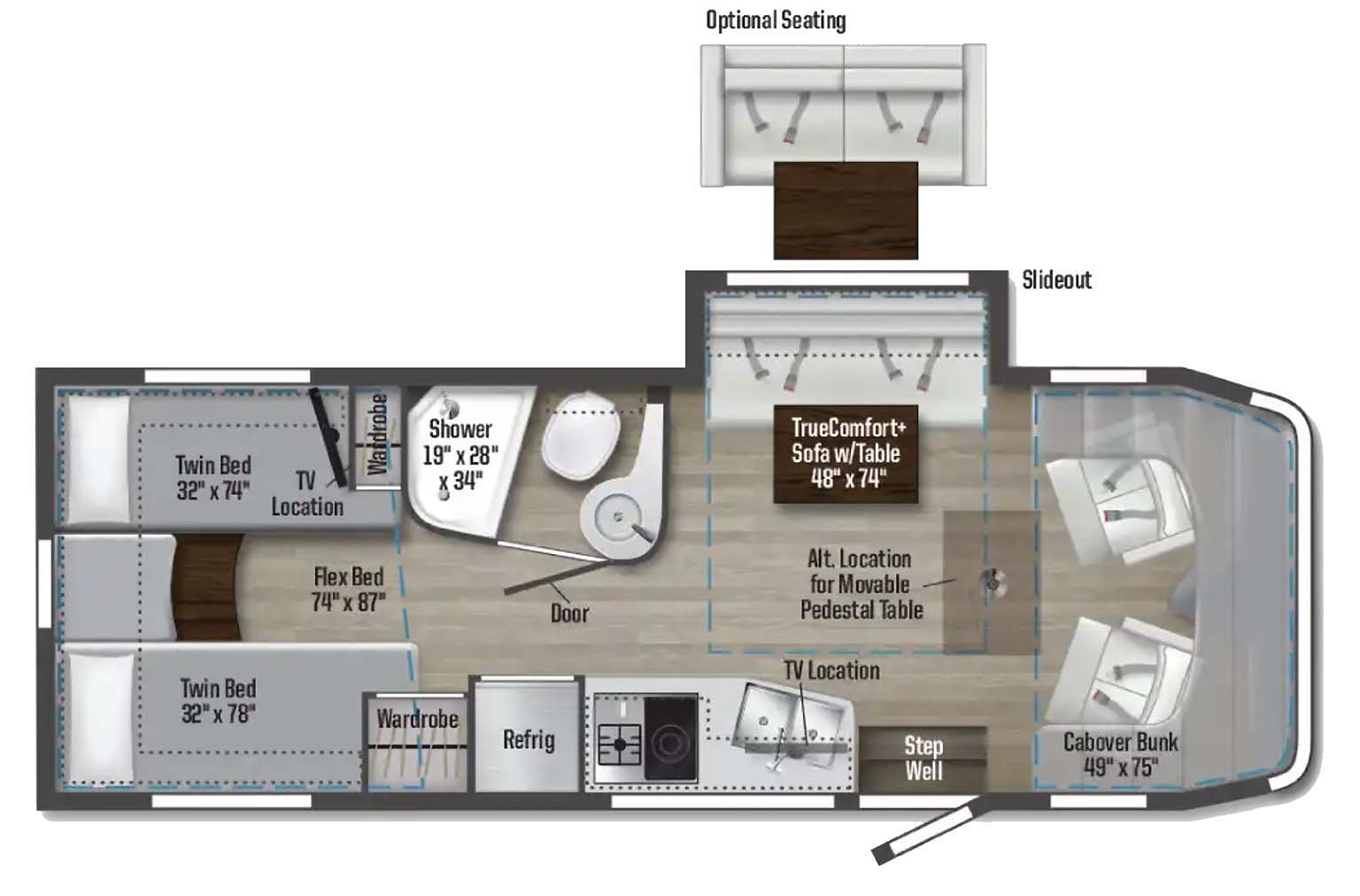 Enjoy the luxurious TrueComfort+ sofa, roomy mid-coach bath, and rear twin beds that easily convert to one large sleeping space.