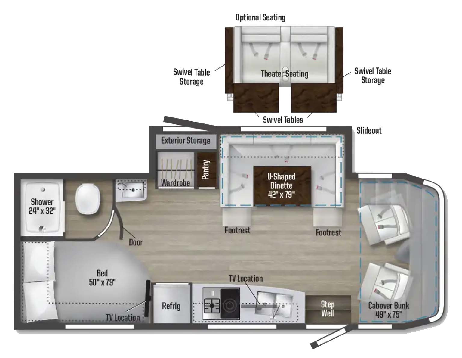 Plush U-shaped dinette with footrests or theater seating, fully equipped galley and rear corner bed and bath.