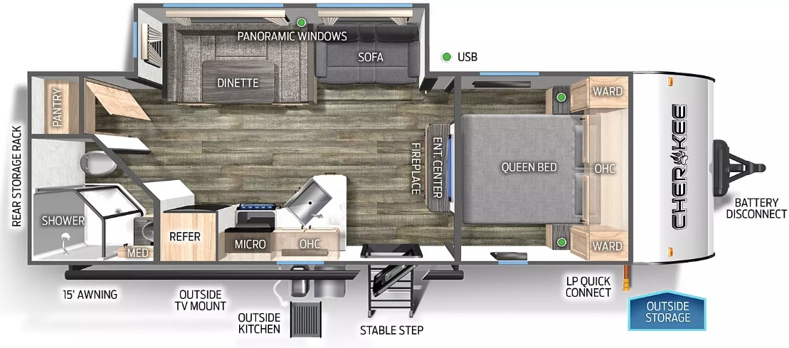 At under 29 feet long and less than 5800 pounds, most half-ton trucks and many large SUVs can tow this trailer. A spacious kitchen and pantry with wraparound dinette lets you dine in comfort. It's also equipped with an outside kitchen for you to enjoy. A cozy living room with sofa and fireplace are a nice place to relax at the end of your day and you will enjoy the spacious comfort of your bedroom with a walk around bed and his and hers wardrobes.