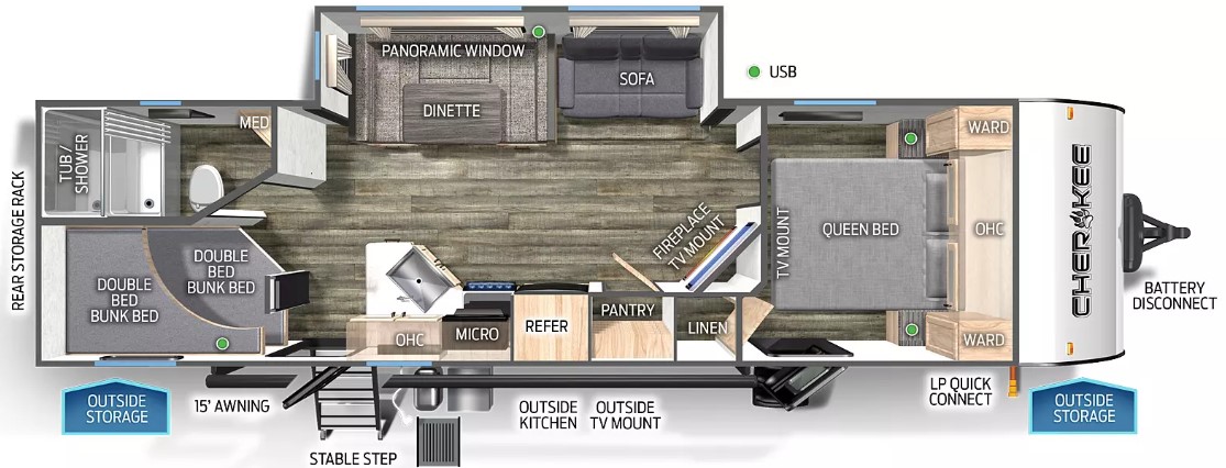 This double bunk model features adult sized bunks and two entry doors. The main living and kitchen area flow together for everyone to enjoy at the same time. A wraparound dinette helps you to dine in comfort and you will enjoy the extra kitchen storage space of the large pantry. The bedroom features a full walk around bed with wardrobes on both sides and a full-size closet for even more storage. The 264DBH also comes equipped with an outside kitchen for you to enjoy when the weather is nice.