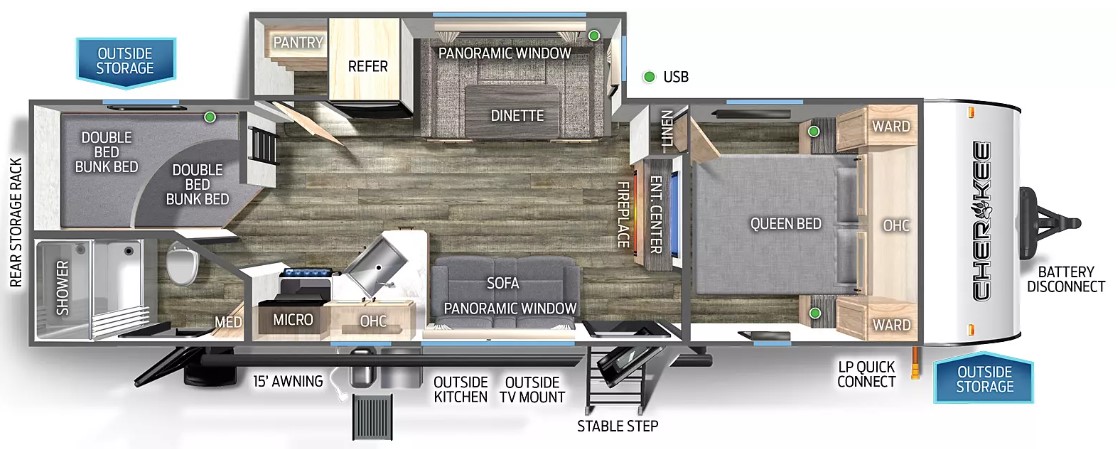 Cross conversational seating in the living room and big picture window makes this camper unique. The spacious kitchen includes black stainless appliances, a farm sink and a full-size pantry. Outside enjoy the Cherokee Camp Kitchen with a refrigerator, a stovetop, hot and cold sprayer and an ice maker. There are two adult sized bunks in the trailer and there are two entry doors for convenience and safety. The bedroom has a walk around bed and two wardrobes with built-in cabinets over the bed.