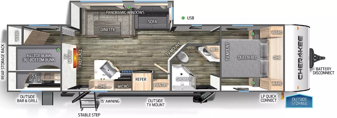 This innovative model lets the customer escape the ordinary with this 3 bedroom model. What separates the 294GEBG from the rest is the rear sleeping areas where a full queen loft bed is featured along with a private bunk area off to the side. This separation created privacy and allows for Cherokee’s Full Bar and Grill featuring an exclusive side-by-side refrigerator and freezer, ice maker, pull-out cooktop, sink and large storage areas.