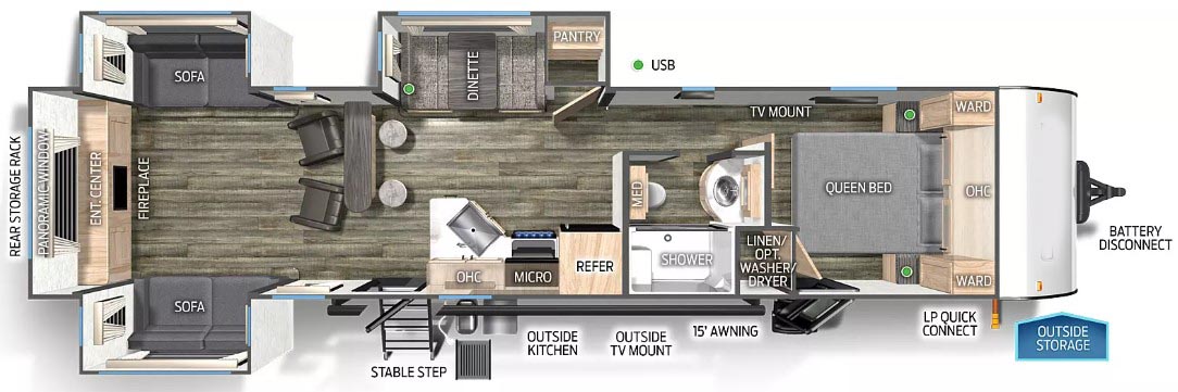 The triple slide is the perfect unit for affordable luxury and livability. The rear entertainment living room is surrounded by panoramic windows as well as two sofa slide and two recliners. The chef’s kitchen, kitchen bar with stools, and dinette slide with slide out drawers and full door pantry offer meet the needs of any chef. The private master suite completes the interior. Outside enjoy the Cherokee camp kitchen, outside entertainment speakers, and TV bracket under our power awning.