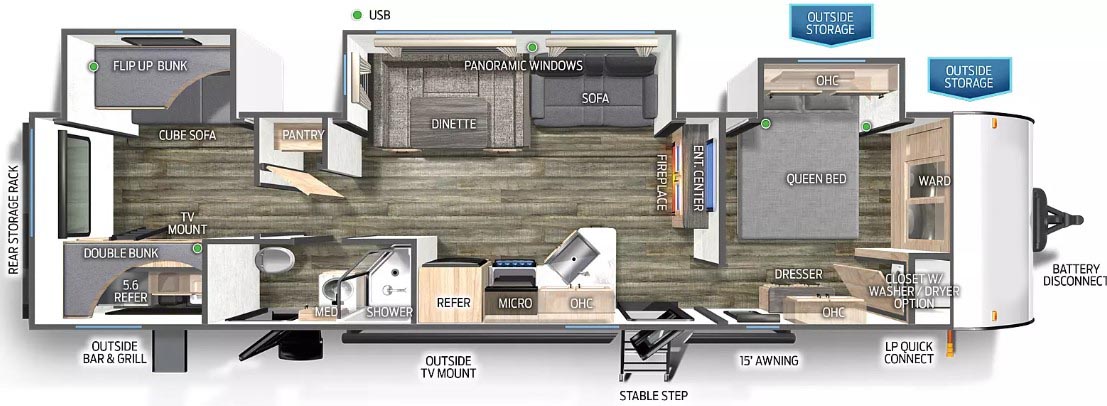 This triple slide floorplan maximizes storage, sleeping capacity, and livability. The rear bunk room has a variety of sleeping arrangements, and the full-size glass door shower highlights a nice functional bathroom. The chef’s kitchen allows for the easy preparation of meals with ample storage. The living room fireplace entertainment center is positioned to maximize viewing angles. The master suite is highlighted by a queen bed bedroom slide. While outdoors enjoy the Cherokee Bar and Grill.
