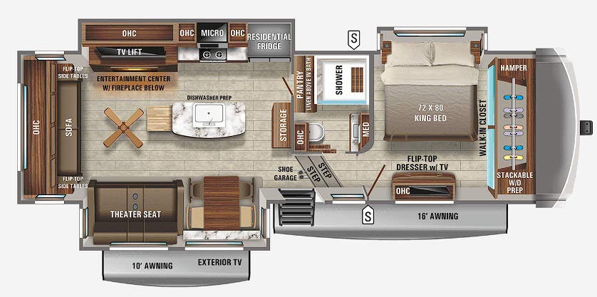 Top Floorplan Features
Shortest luxury Pinnacle (under 37')
Residential stove with 3.4 cu. ft. oven and high output burners
21 cu. ft. refrigerator or optional 18 cu. ft. gas/electric refrigerator
Kitchen pantry and work area
Cedar lined rear walk-in style closet