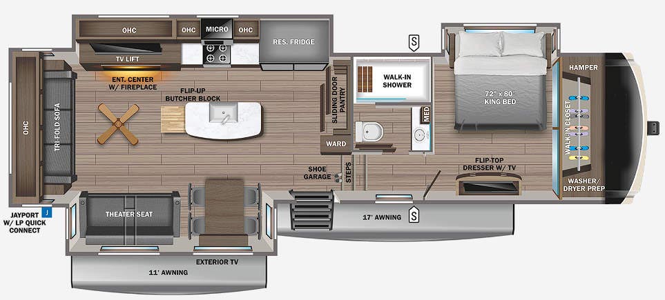 Top Floorplan Features
Large kitchen island
Large galley counter in kitchen
Oversized pantry with sliding doors and pull out trash can
Residential stove with 3.4 cu.ft. oven and high output burners
Cedar lined rear walk-in style closet