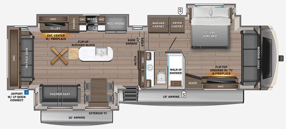 Top Floorplan Features
Jayco's first "slide-in-a-slide" floorplan
Master suite with a front windshield and large "lounge" sitting area
Optional full size front wardrobe in place of front "lounge" and windshield
Spacious kitchen with full pantry and hutch
Residential stove with 3.4 cu. ft. oven and high output burners