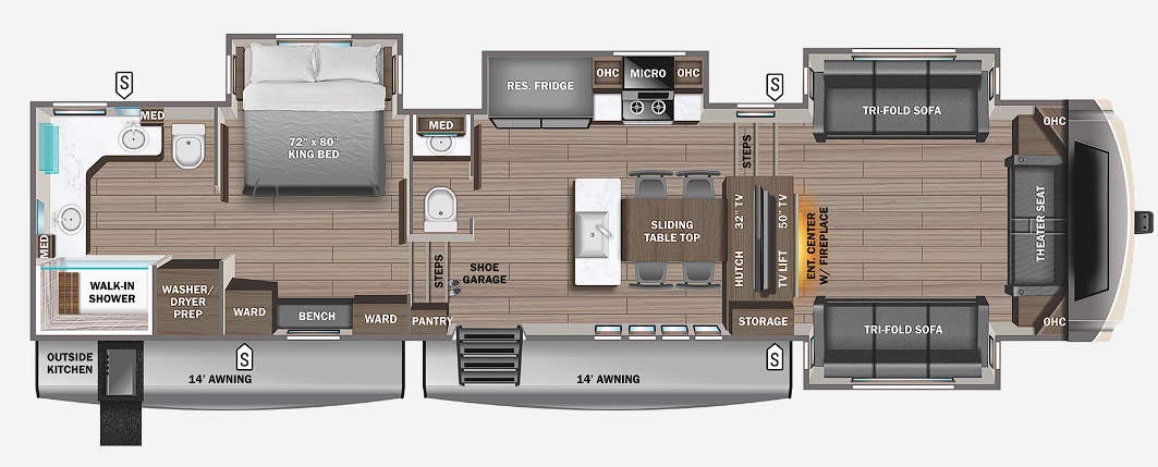 Top Floorplan Features
Reversed front living arrangement with two TVs (living/kitchen) on electric lift
Ability to access refrigerator, half bath, bedroom and master bath with slides in closed position
Master bedroom suite with 36 in. deep bed slide
New oversized kitchen dinette table arrangement
Oversized kitchen bay windows
Outside grilling station with refrigerator 